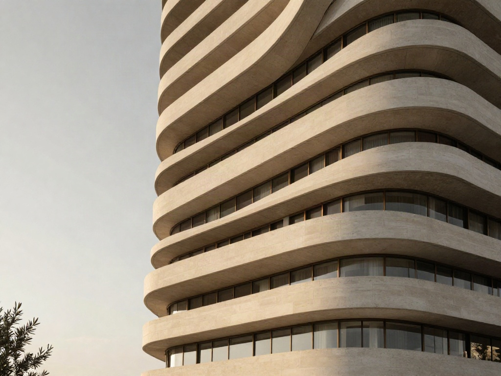 Sculptural curved lines of a contemporary corporate building, viewed from a fresh perspective